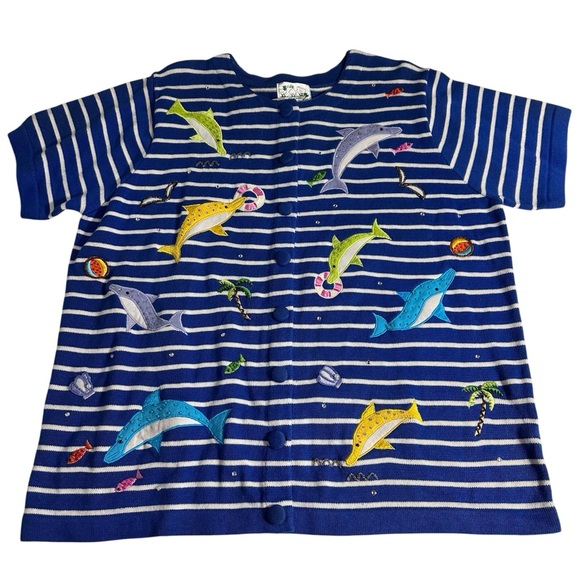 QVC NWT beaded embroidered sea life nautical cardigan sweater XL - Picture 2 of 10